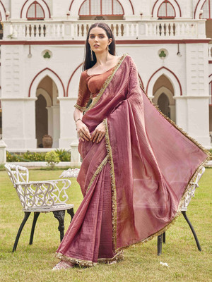 Praveena Designer Solid/Plain Bollywood Organza Saree(Pink)