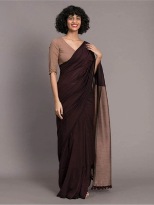 SRIJITA SAREE CENTER Color Block Handloom Silk Blend, Cotton Silk Saree(Brown)