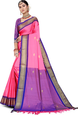 NST5 Woven Paithani Cotton Silk Saree(Pink, Dark Blue)