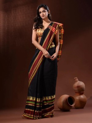 Zinniasareeghar Striped Handloom Pure Cotton Saree(Black)