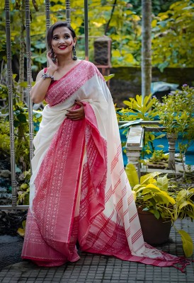 BalikaTextile Printed Handloom Cotton Blend Saree(White, Red)