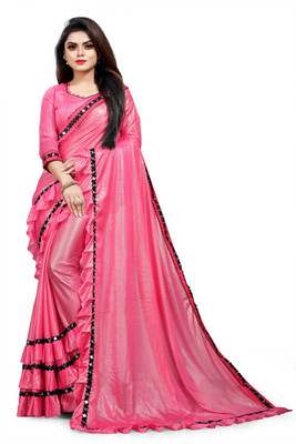 Dream Crushers Solid/Plain Bollywood Lycra Blend Saree(Pink)