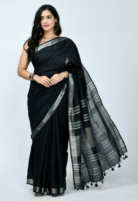 Zafreen Handloom Solid/Plain Bhagalpuri Cotton Linen Saree(Black)