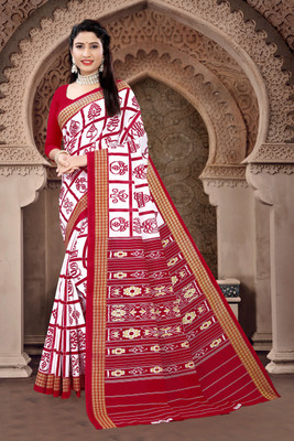 ETHNIC ODISHA HANDLOOM Printed, Digital Print Sambalpuri Pure Cotton Saree(White)