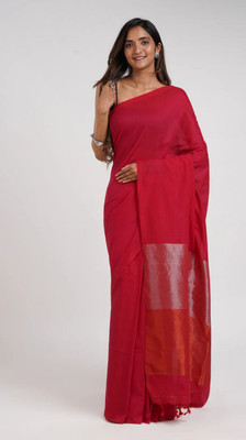 SARADA HANDLOOM Solid/Plain Daily Wear Pure Cotton Saree(Red)