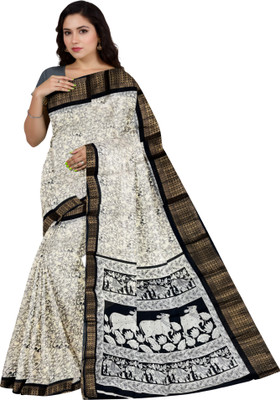 OST Floral Print, Animal Print, Printed, Woven, Temple Border, Embellished Kalamkari Cotton Silk Saree(White)