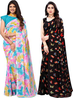 Samah Printed Bollywood Georgette Saree(Pack of 2, Multicolor, Black)
