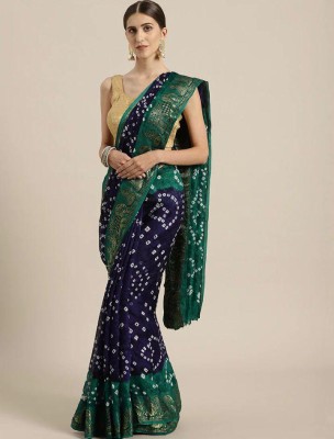 S M PATEL CO Printed Bandhani Art Silk Saree(Blue, Dark Green)