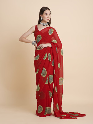 RATAN Printed Bandhani Georgette Saree(Red)
