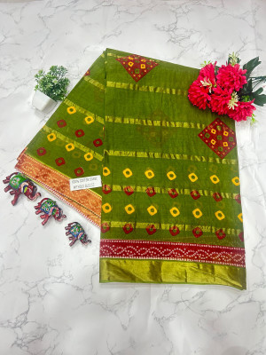 KRISHNA NX Printed Bandhani Pure Cotton Saree(Green)