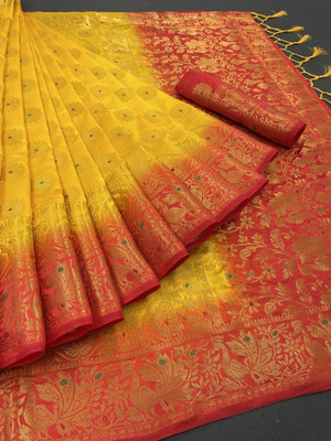Rupatika Woven Kanjivaram Pure Silk, Cotton Silk Saree(Red, Yellow)