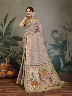 all about you Striped Saree with Attached Blouse Silk Blend Saree(Green)