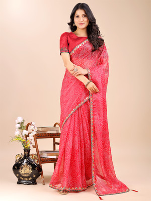 Divastri Printed Bandhani Polyester, Georgette Saree(Red)