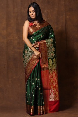 GS creation Embroidered Kanjivaram Silk Blend Saree(Dark Green)