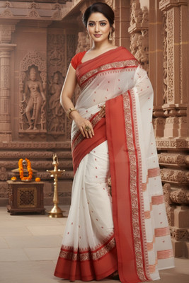 Sutayan Woven Tant Pure Cotton Saree(White, Red)