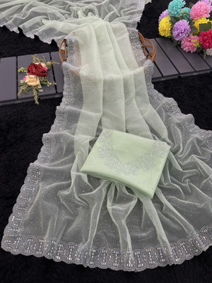 VarniRaaj Fashion Embellished Bollywood Supernet Saree(Light Green)