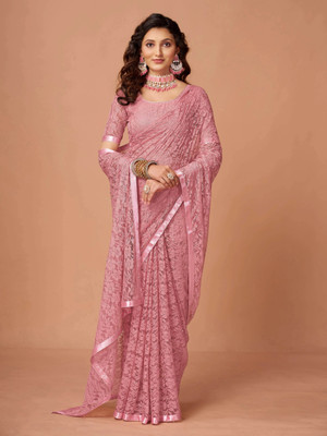 VRLOOKMEFASHION Embroidered Bollywood Net Saree(Pink)