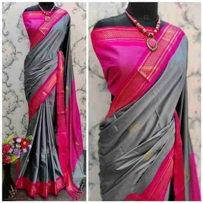 NST5 Self Design, Embellished, Woven Paithani Tissue, Cotton Silk Saree(Grey, Pink)