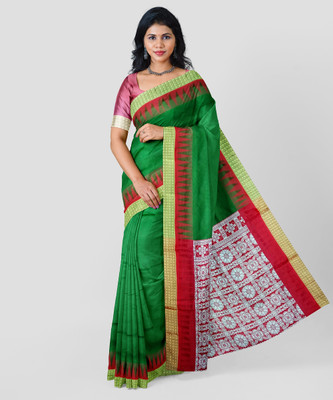 Hozaifa Sarees Self Design Sambalpuri Silk Blend Saree(Dark Green)