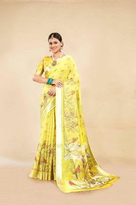 VTEXX Digital Print Saree with Attached Blouse Cotton Linen Saree(Yellow)