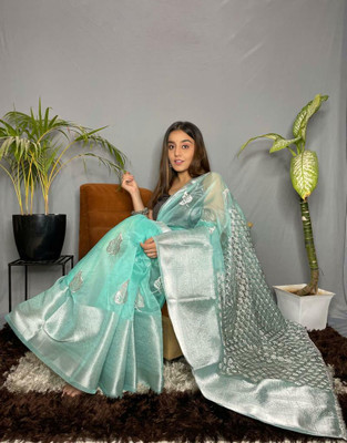 SHREE HARI NX Embroidered Kanjivaram Organza Saree(Light Green)