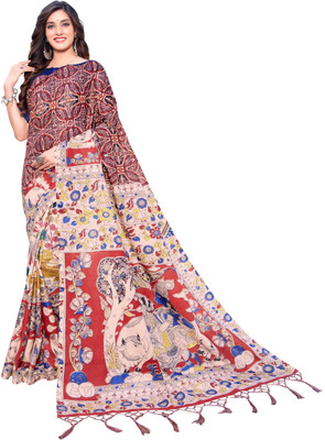 BAPS Printed Manipuri Cotton Linen Saree(Maroon, Beige)