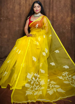 Adwitia Textile Woven Handloom Muslin Saree(Yellow)