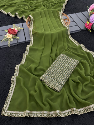 V AMAN FASHION Solid/Plain, Self Design Bollywood Georgette Saree(Dark Green)