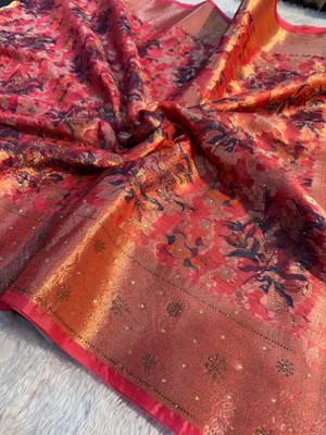 Banaras silk palace Woven Bollywood Organza Saree(Red)