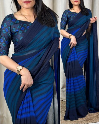 FluteFashion Printed Leheria Georgette Saree(Dark Blue)