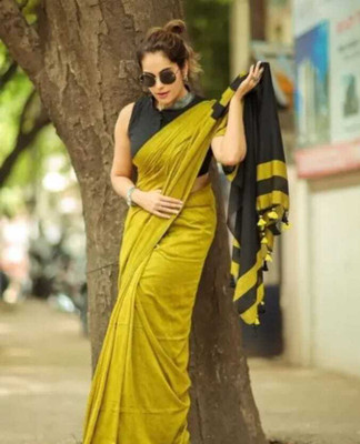 MJ TEXTILE Solid/Plain Handloom Khadi Saree(Yellow, Black)