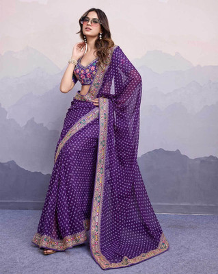 Yozzby Printed Bandhani Georgette Saree(Purple)