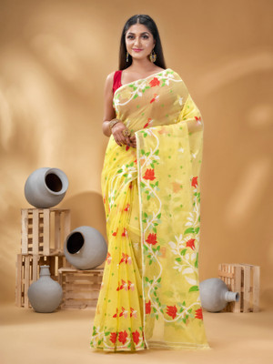 TANTLOOM Floral Print Jamdani Handloom Pure Cotton Saree(Red, White)