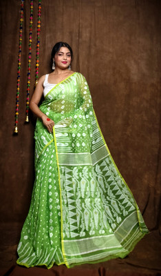 RIDDHIMAN FASHION Self Design Jamdani Cotton Linen Saree(Green)