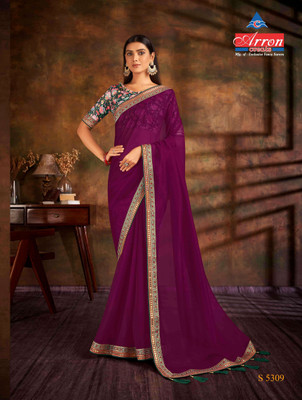 ArronCreats Solid/Plain, Striped Bollywood Organza Saree(Purple)