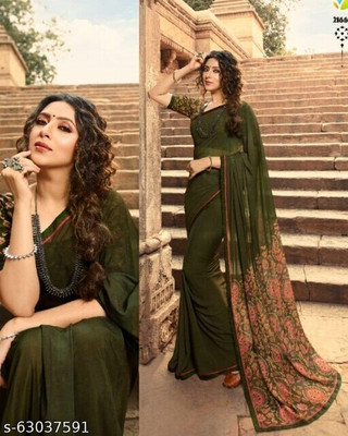 SARIK Printed, Self Design, Graphic Print, Floral Print, Checkered, Solid/Plain Bollywood Georgette, Chiffon Saree(Green)