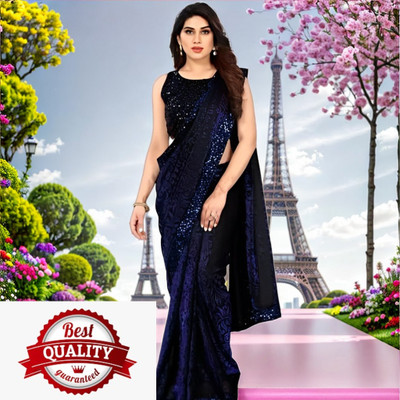 Online Bazaaar Solid/Plain Bollywood Lycra Blend Saree(Dark Blue)