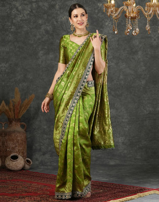 Samah Woven, Embellished Banarasi Silk Blend, Jacquard Saree(Green, Gold)