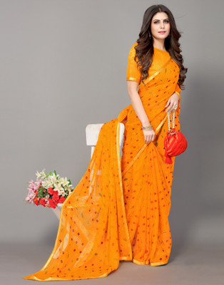 Samah Printed, Geometric Print, Embellished Bandhani Chiffon Saree(Gold, Yellow)