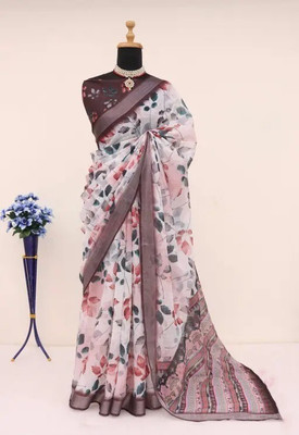 VCREATION Digital Print Bollywood Cotton Linen Saree(Multicolor)