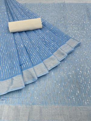 silkwear Striped Bollywood Chanderi, Cotton Silk Saree(Light Blue)