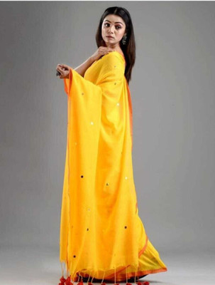 HouseOfCommon Embellished Handloom Pure Cotton Saree(Yellow)
