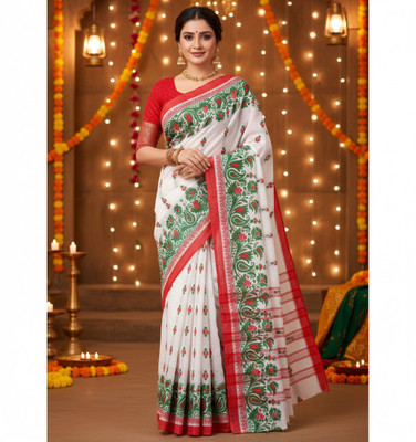 DIVINE Woven Sambalpuri Cotton Silk Saree(White)