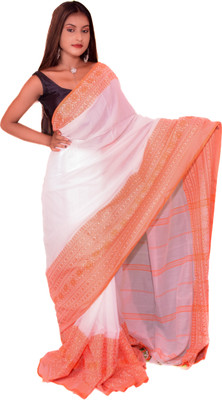 LDma Self Design Tant Handloom Pure Cotton Saree(White)