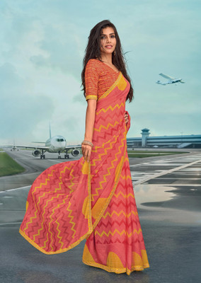 Laxmipati sarees Printed Saree with Attached Blouse Chiffon Saree(Orange, Yellow)