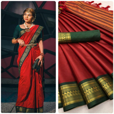 OM Fashion Self Design Assam Silk Cotton Silk Saree(Red)