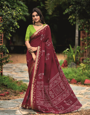 HouseOfCommon Printed Kalamkari Cotton Silk Saree(Maroon)