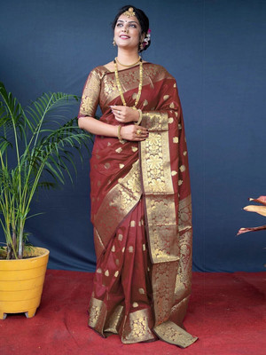 ETHNICHITZ Embellished, Woven Kanjivaram Art Silk, Jacquard Saree(Maroon, Gold)