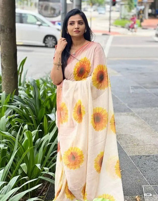 VCREATION Digital Print Bollywood Linen Saree(White)