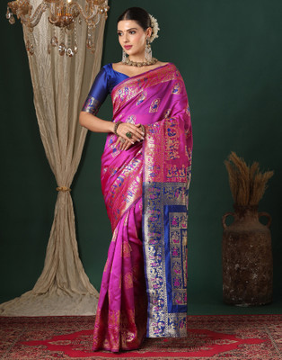 Samah Woven, Embellished Baluchari Silk Blend Saree(Magenta)